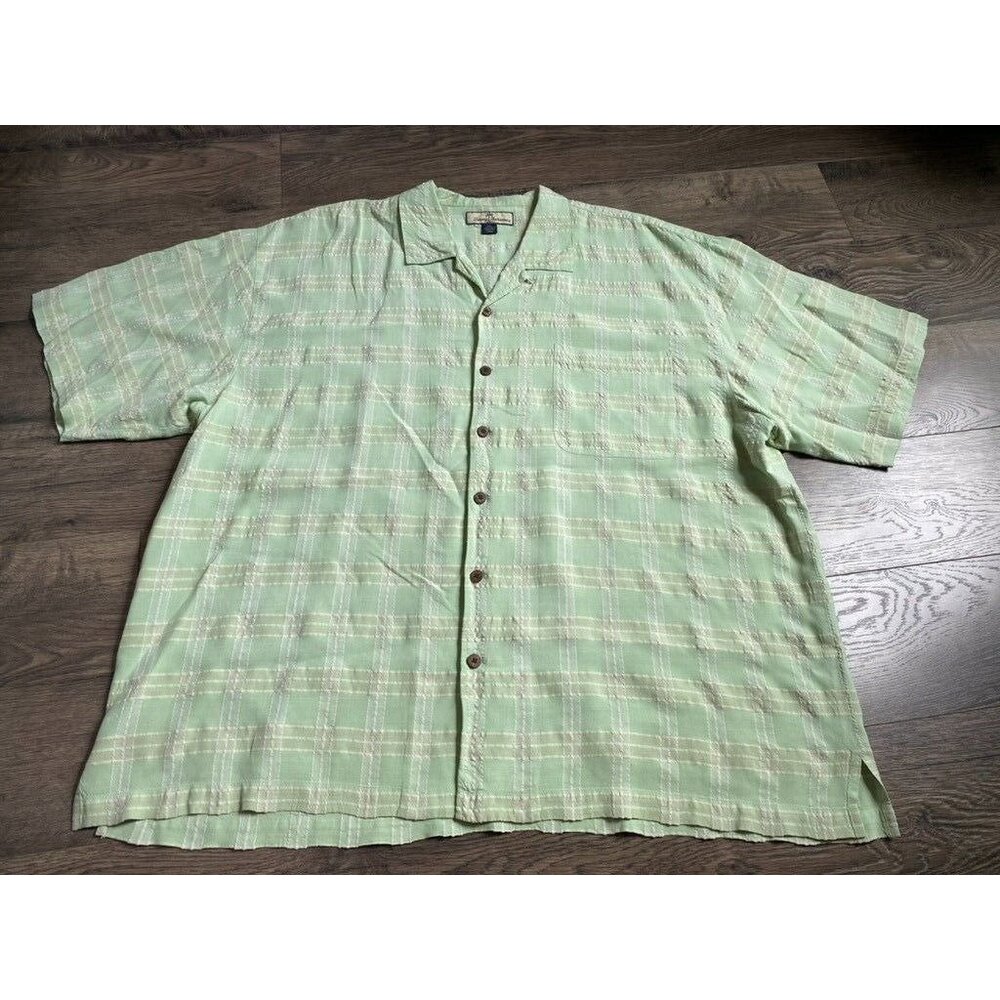 EUC Mens Tommy Bahama‎ short sleeve button up green striped 100% silk size XXL